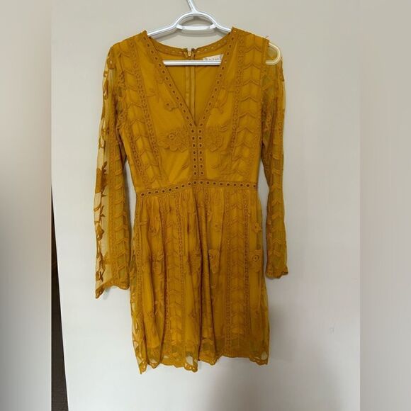 Altar’d State Tabatha Mustard Yellow Golden Long Sleeve Lace Mini Dress - Picture 2 of 9